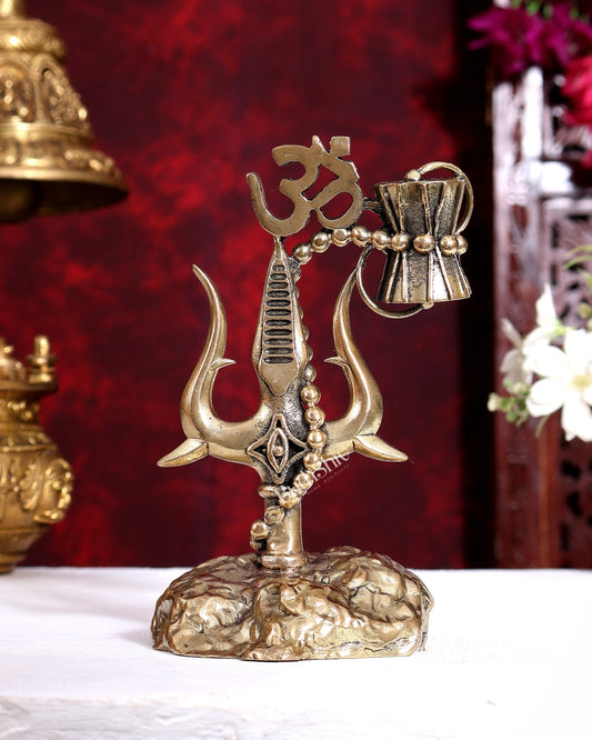 Brass Superfine Lord Shiva Trishul with Om, Damru and Third Eye Carvings 6 inch - Budhshiv.com