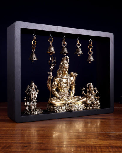 Brass Superfine Lord Shiva with Kartikeya and Ganesha Idol on MDF Frame – An Epitome of Father & Son Bond (11 Inch) - Budhshiv.com