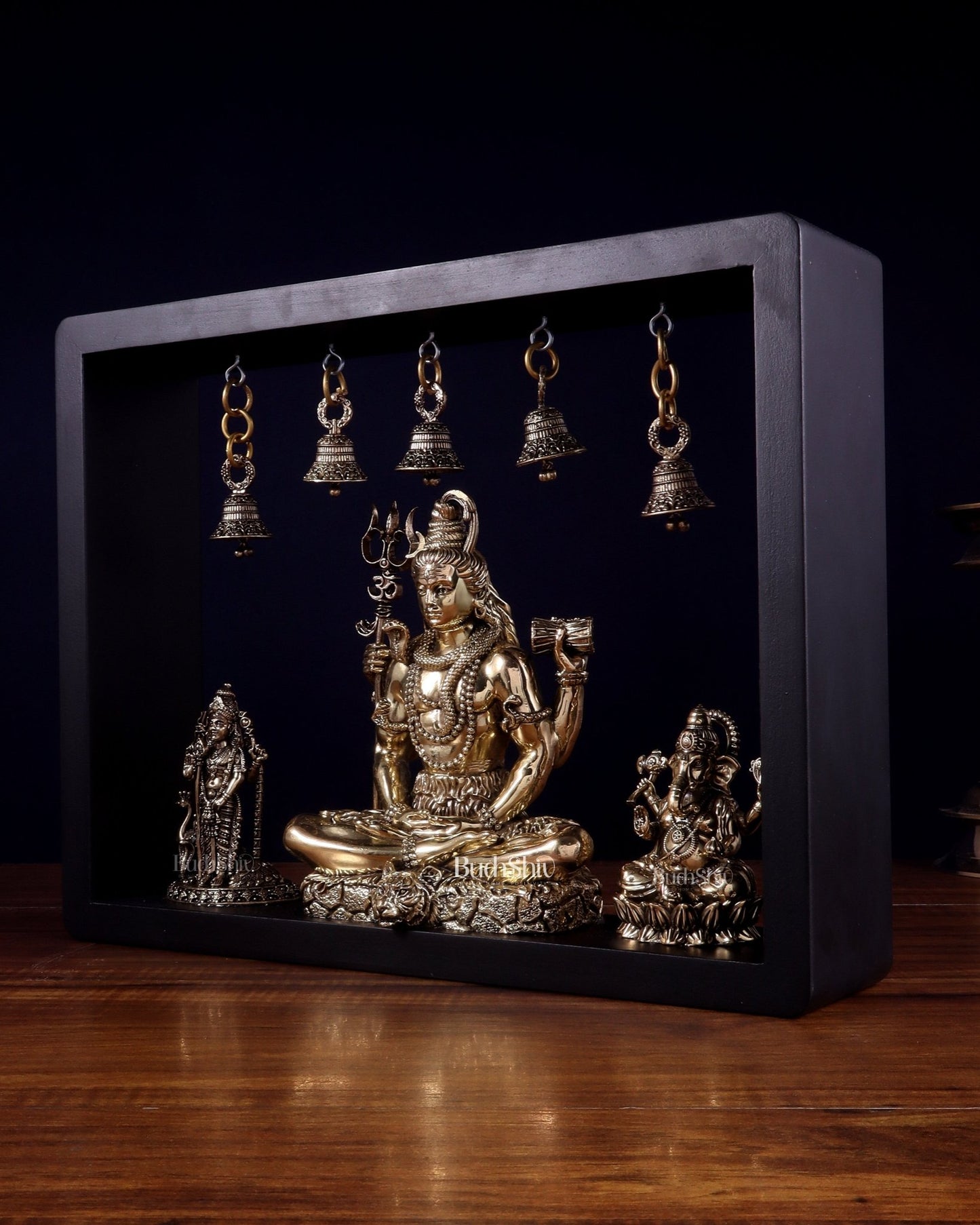 Brass Superfine Lord Shiva with Kartikeya and Ganesha Idol on MDF Frame – An Epitome of Father & Son Bond (11 Inch) - Budhshiv.com