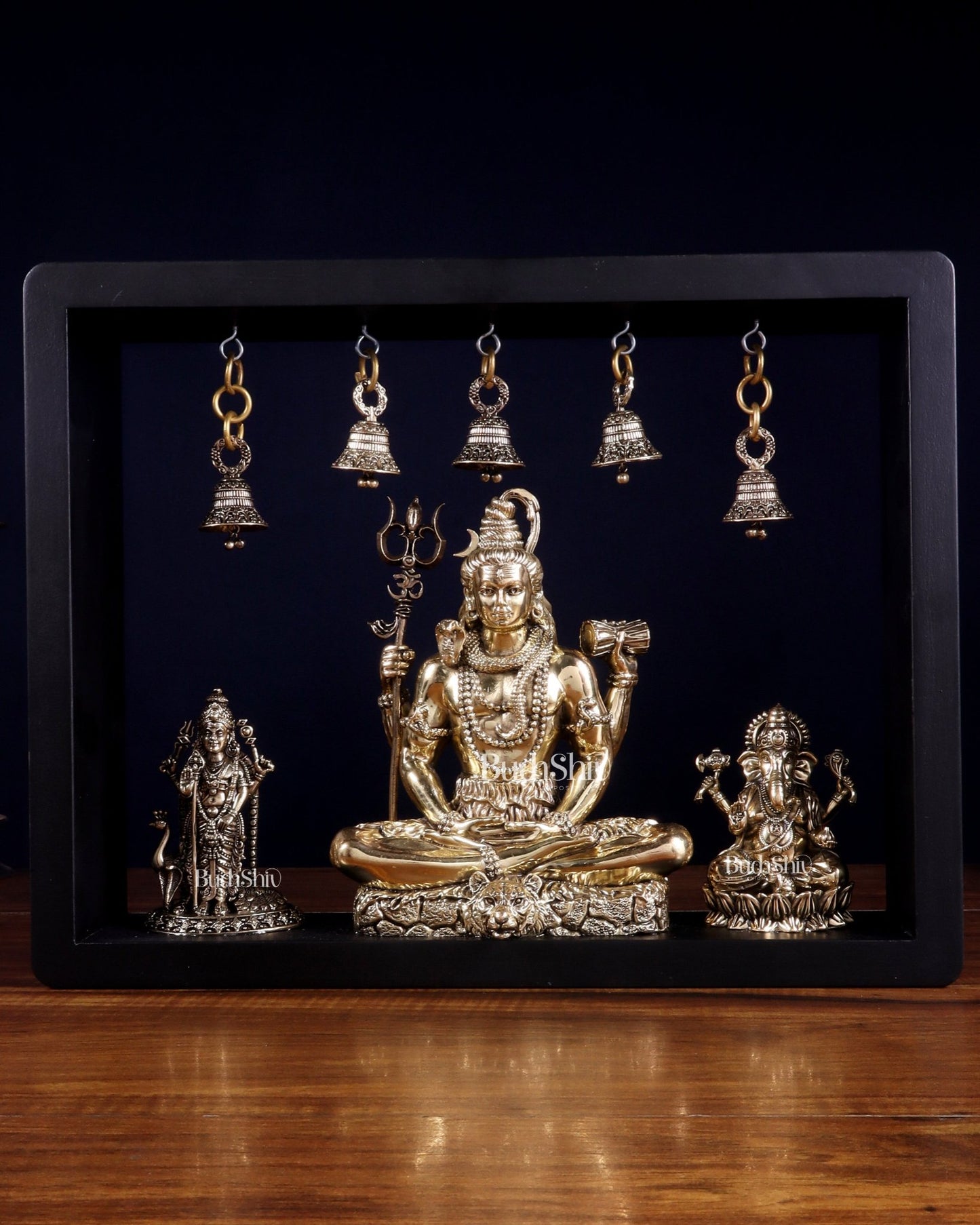 Brass Superfine Lord Shiva with Kartikeya and Ganesha Idol on MDF Frame – An Epitome of Father & Son Bond (11 Inch) - Budhshiv.com