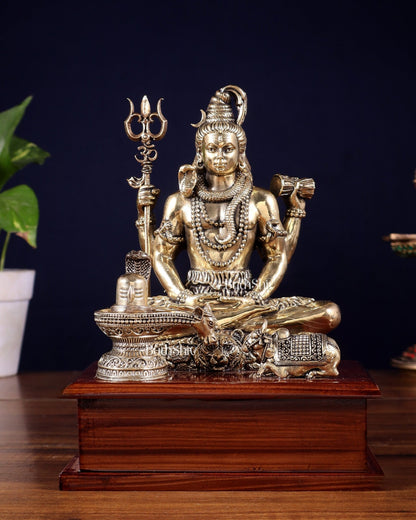 Brass Superfine Lord Shiva with Nandi and Shivling on Wooden Base – 8.5 Inch - Budhshiv.com