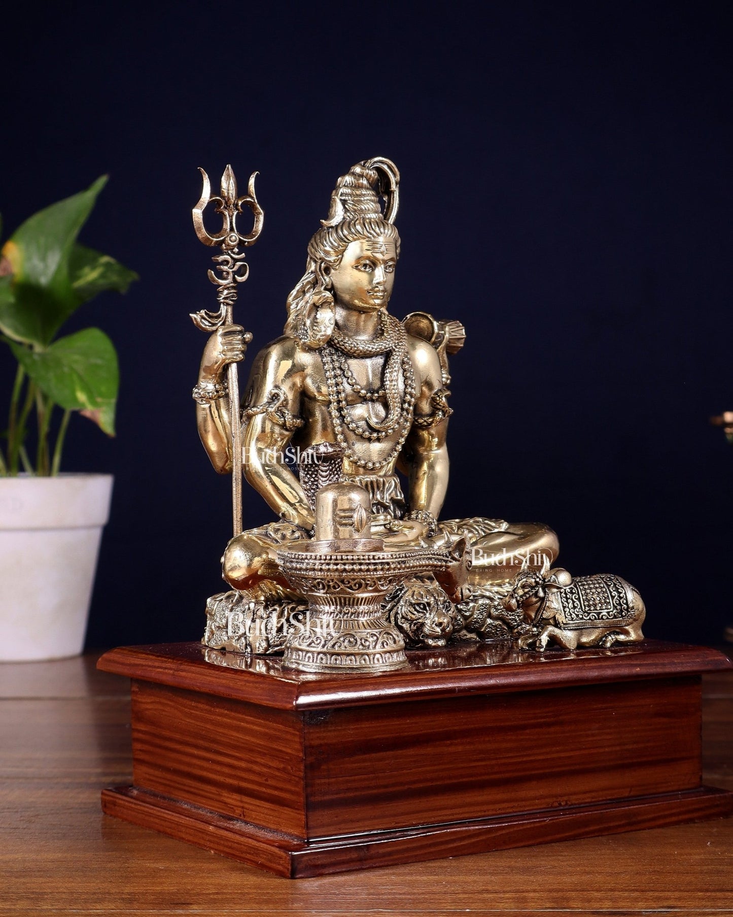 Brass Superfine Lord Shiva with Nandi and Shivling on Wooden Base – 8.5 Inch - Budhshiv.com
