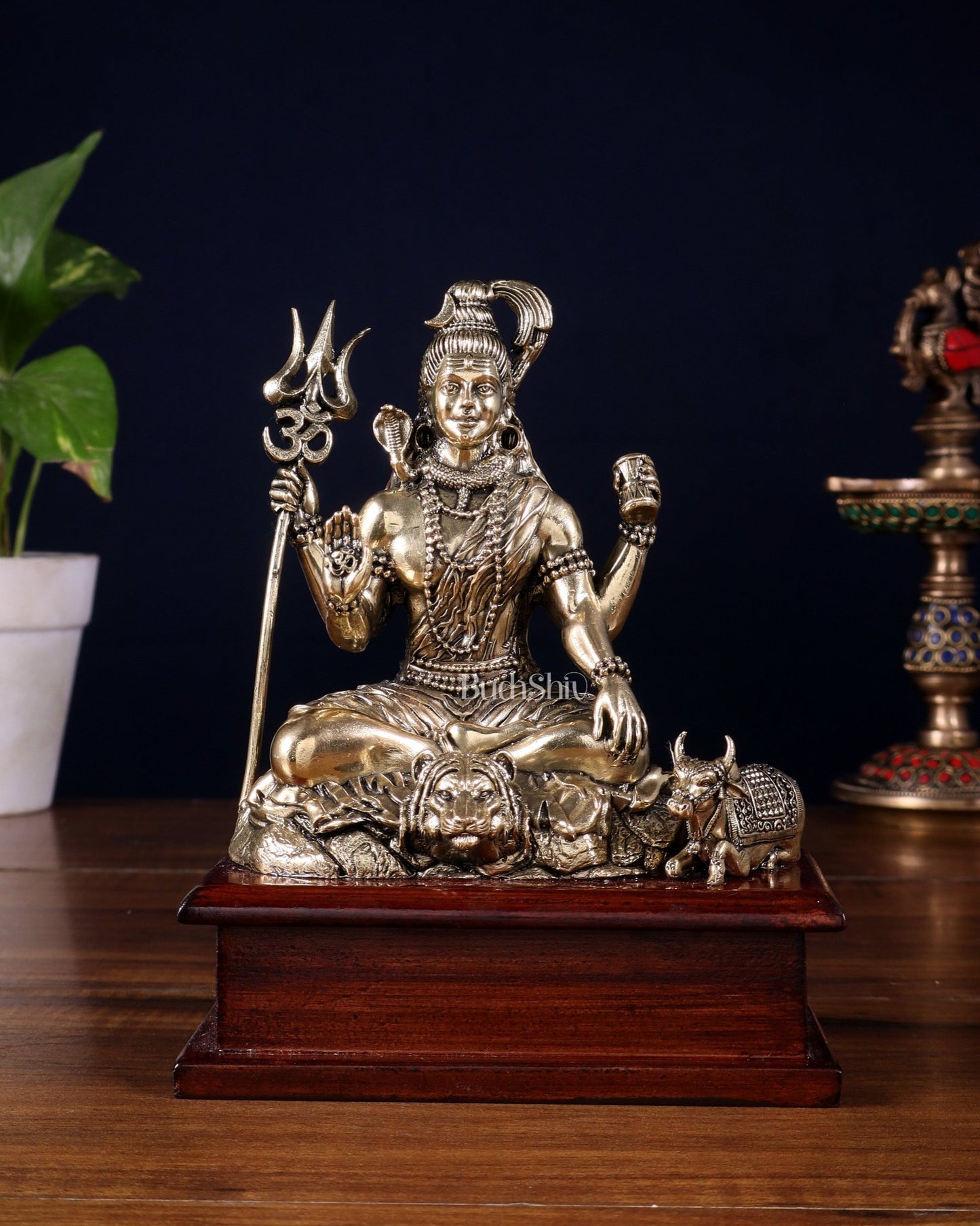 Brass Superfine Lord Shiva with Nandi on Wooden Base – 6.5 Inch - Budhshiv.com