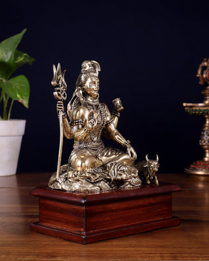 Brass Superfine Lord Shiva with Nandi on Wooden Base – 6.5 Inch - Budhshiv.com