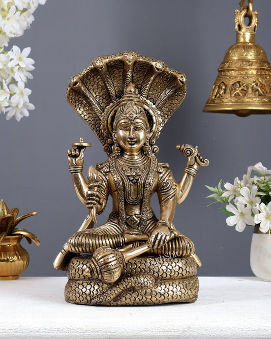 Brass Superfine Lord Vishnu on Sheshanaag – Seated Padmasana Rare Sculpture (12.5 Inch) - Budhshiv.com
