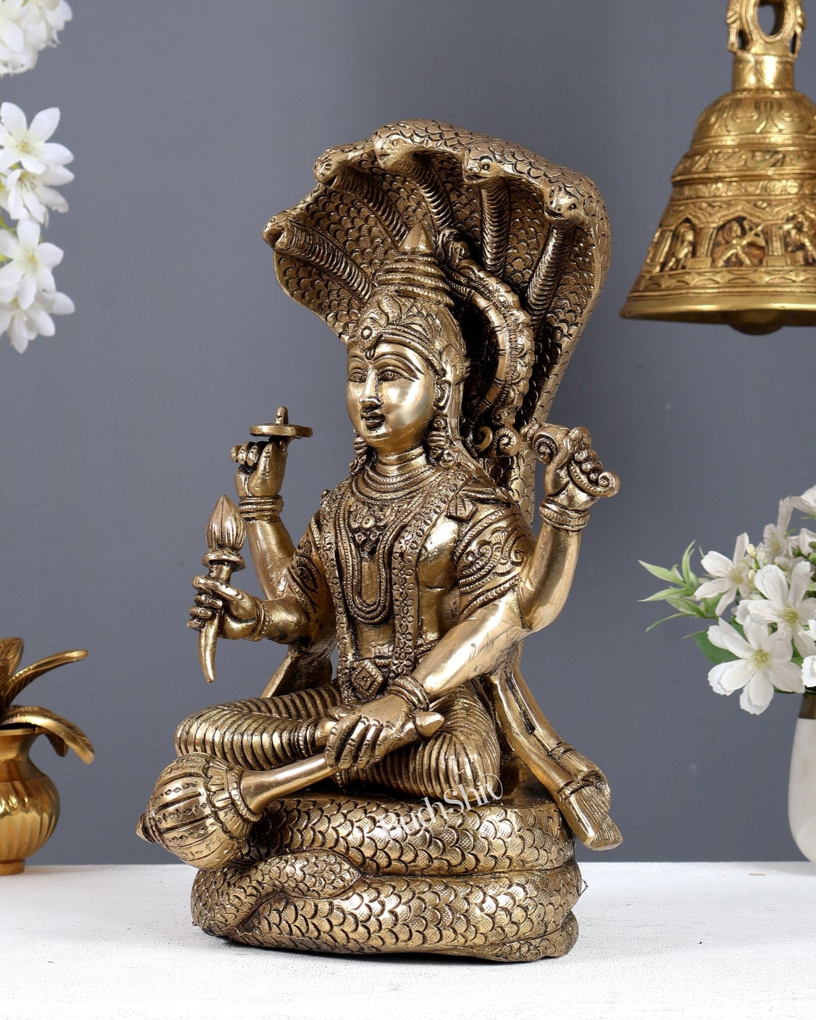 Brass Superfine Lord Vishnu on Sheshanaag – Seated Padmasana Rare Sculpture (12.5 Inch) - Budhshiv.com