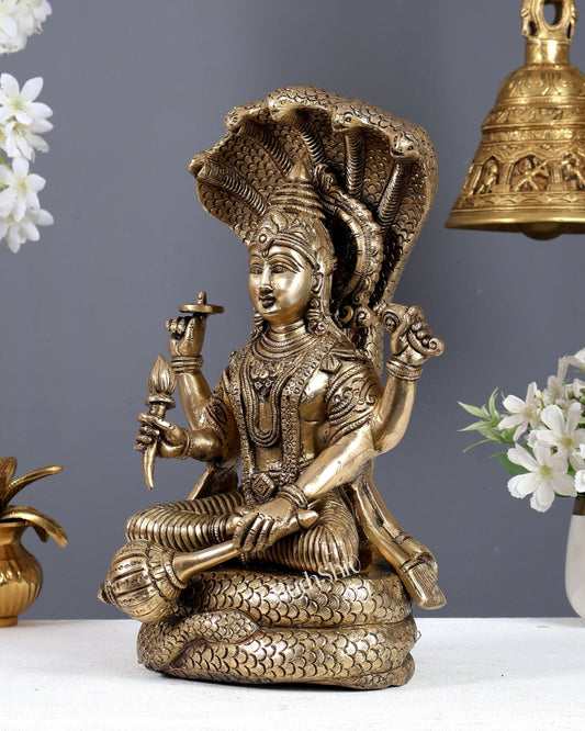 Brass Superfine Lord Vishnu on Sheshanaag – Seated Padmasana Rare Sculpture (12.5 Inch) - Budhshiv.com