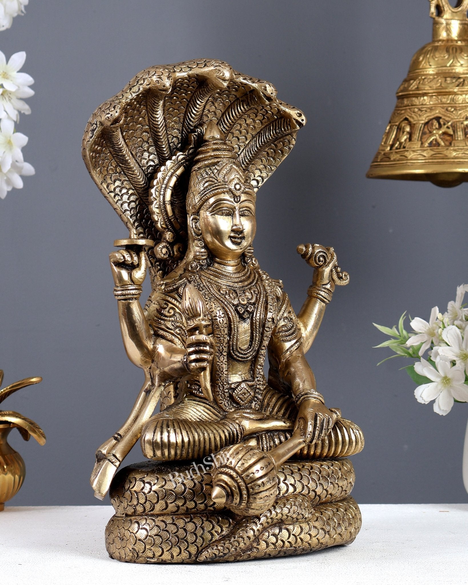 Brass Superfine Lord Vishnu on Sheshanaag – Seated Padmasana Rare Sculpture (12.5 Inch) - Budhshiv.com