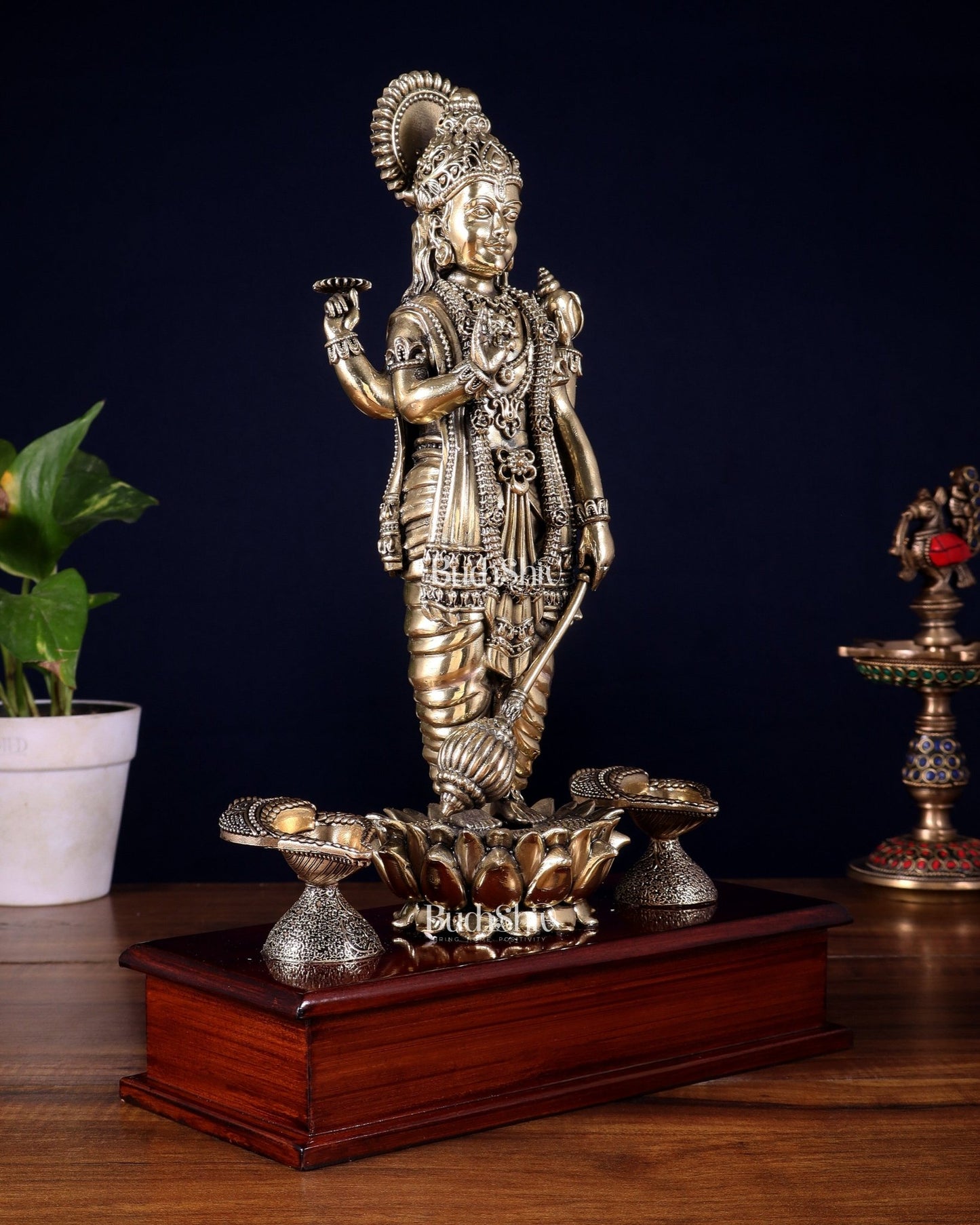 Brass Superfine Lord Vishnu Standing on Wooden Base with Diyas – 13 Inch - Budhshiv.com