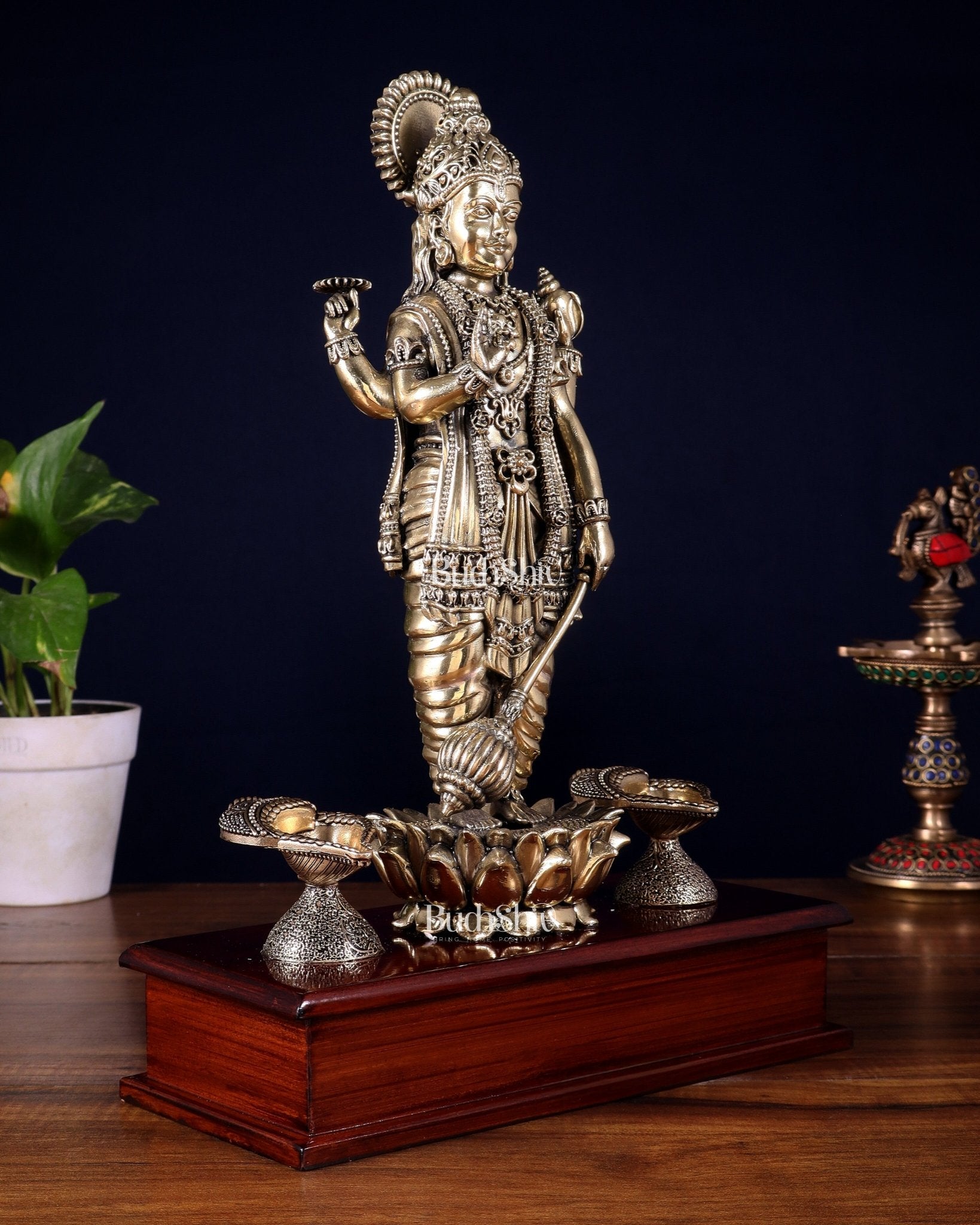 Brass Superfine Lord Vishnu Standing on Wooden Base with Diyas – 13 Inch - Budhshiv.com