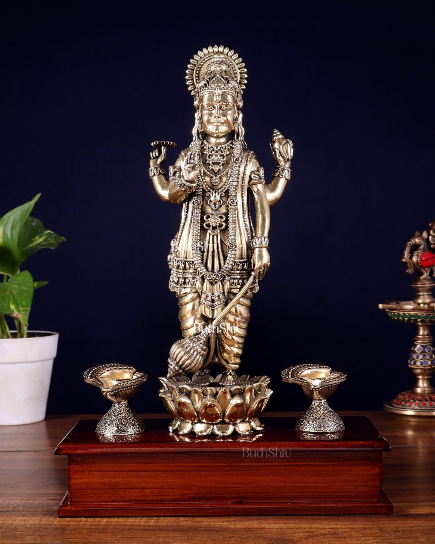 Brass Superfine Lord Vishnu Standing on Wooden Base with Diyas – 13 Inch - Budhshiv.com