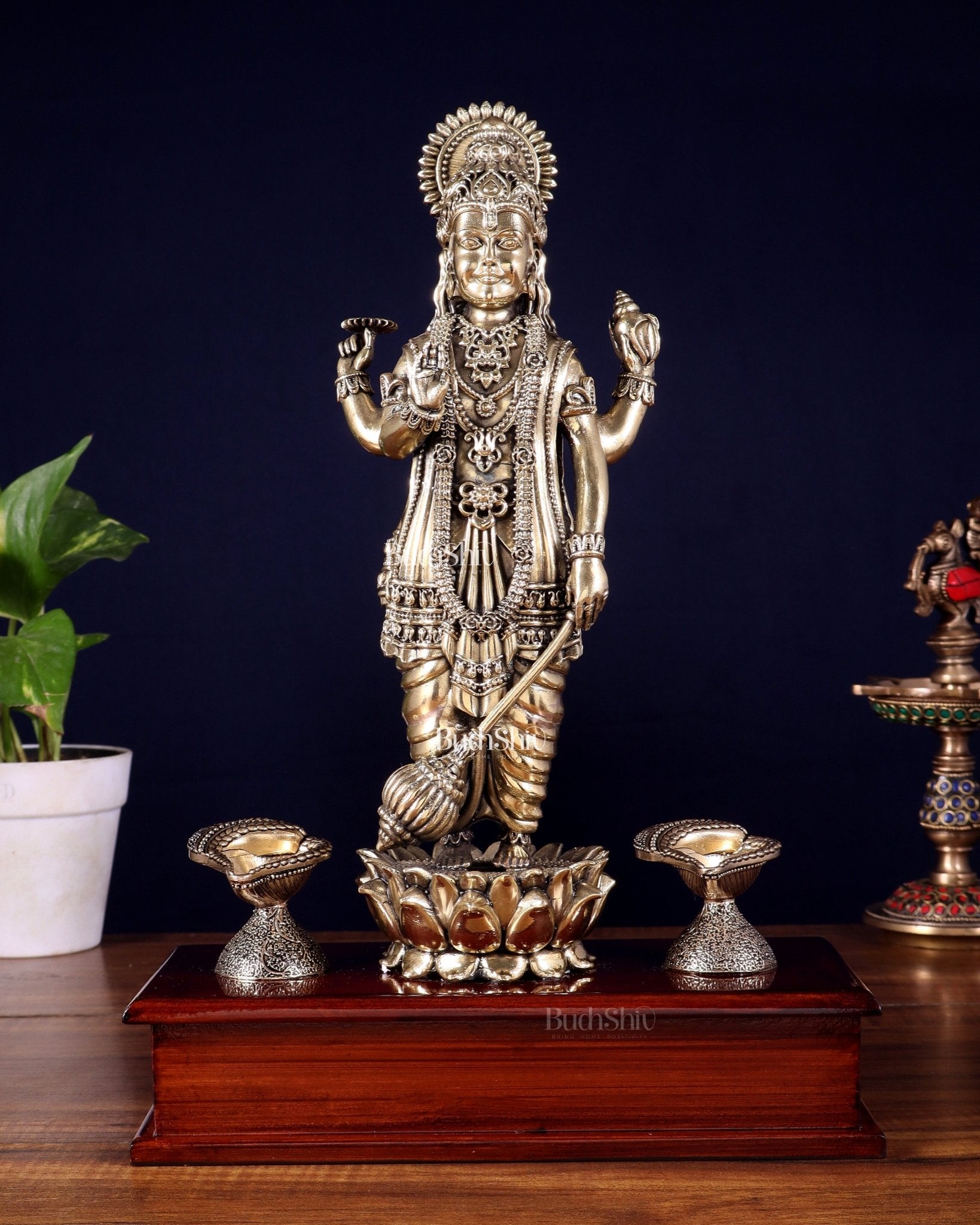 Brass Superfine Lord Vishnu Standing on Wooden Base with Diyas – 13 Inch - Budhshiv.com