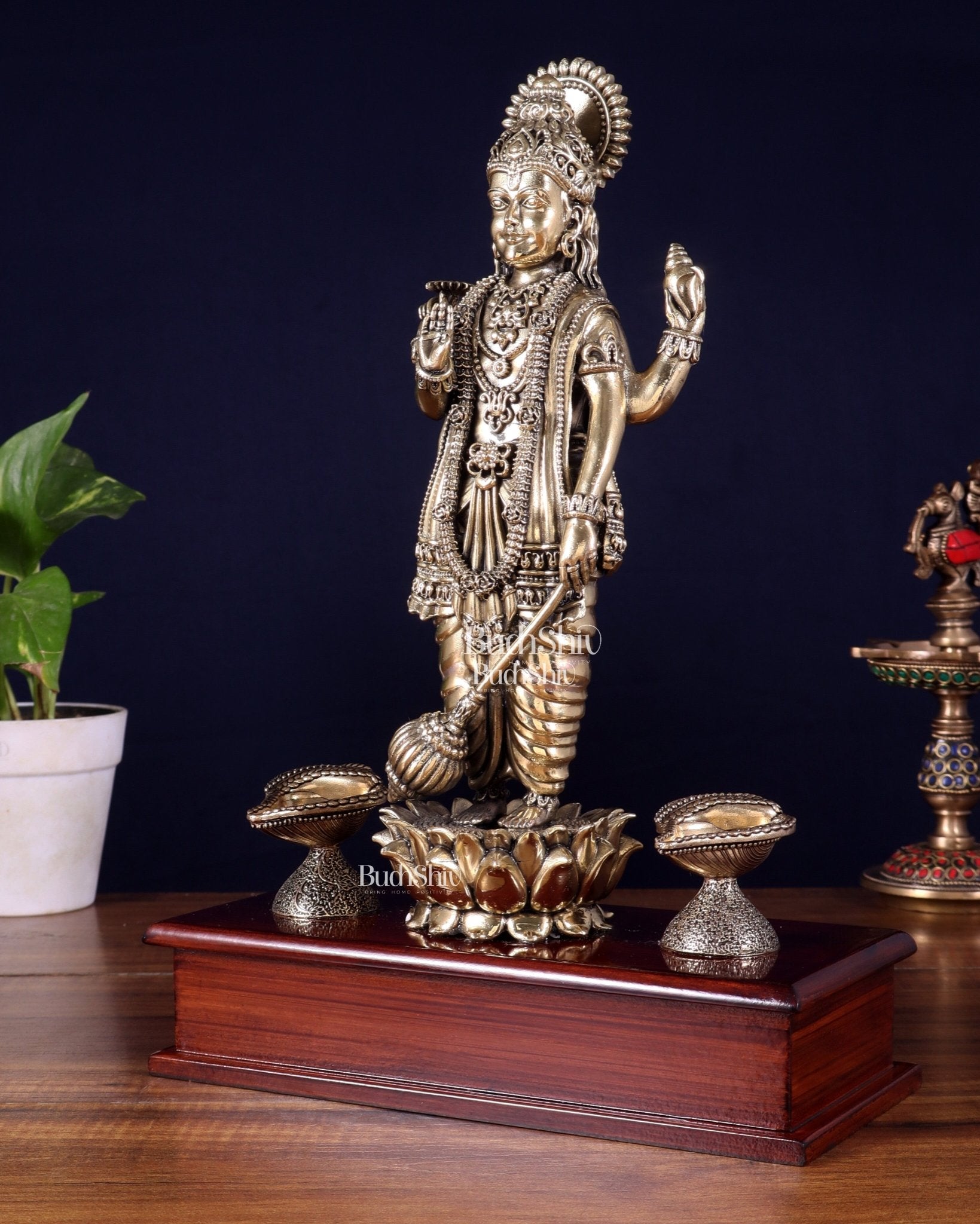 Brass Superfine Lord Vishnu Standing on Wooden Base with Diyas – 13 Inch - Budhshiv.com