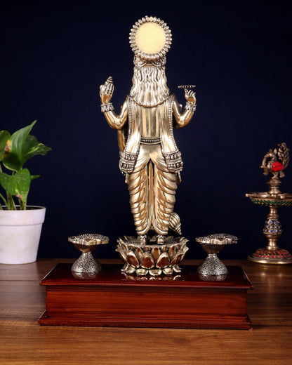 Brass Superfine Lord Vishnu Standing on Wooden Base with Diyas – 13 Inch - Budhshiv.com