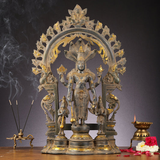 Brass Superfine Lord Vishnu with Garuda and Hanuman Idol - 24" - Budhshiv.com