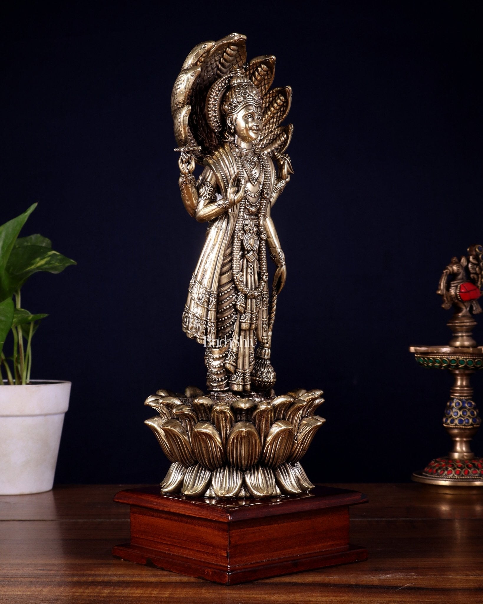Brass Superfine Lord Vishnu with Sheshanaag on Wooden Base – 12.5 Inch - Budhshiv.com