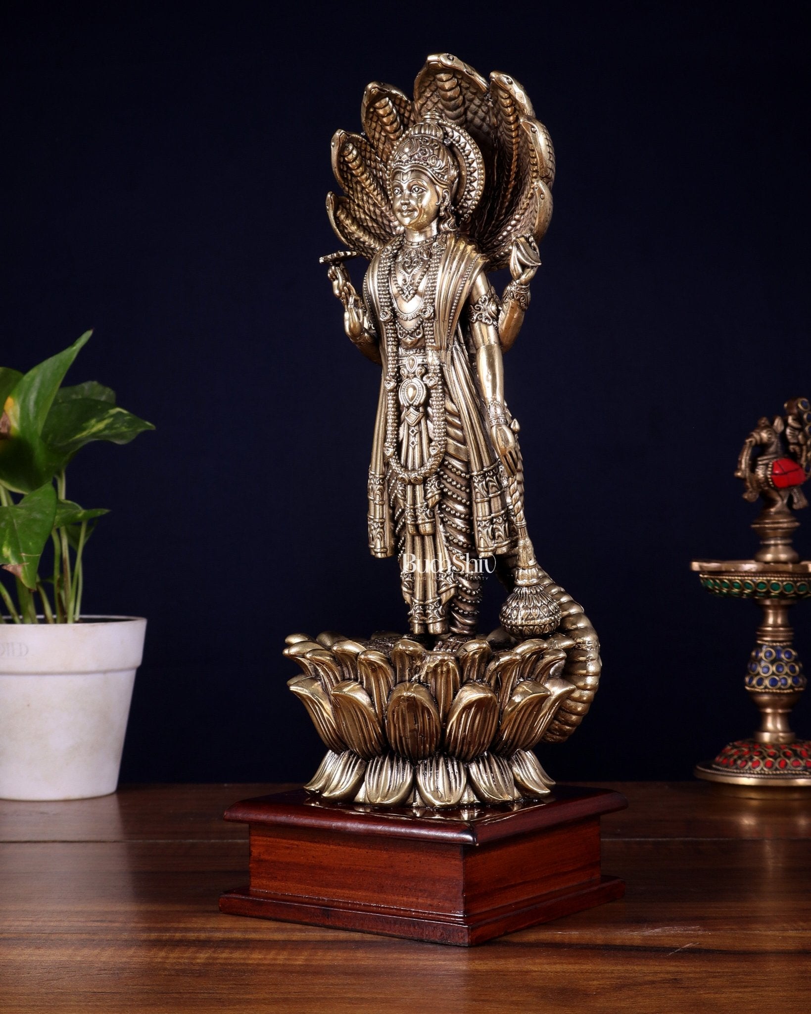 Brass Superfine Lord Vishnu with Sheshanaag on Wooden Base – 12.5 Inch - Budhshiv.com