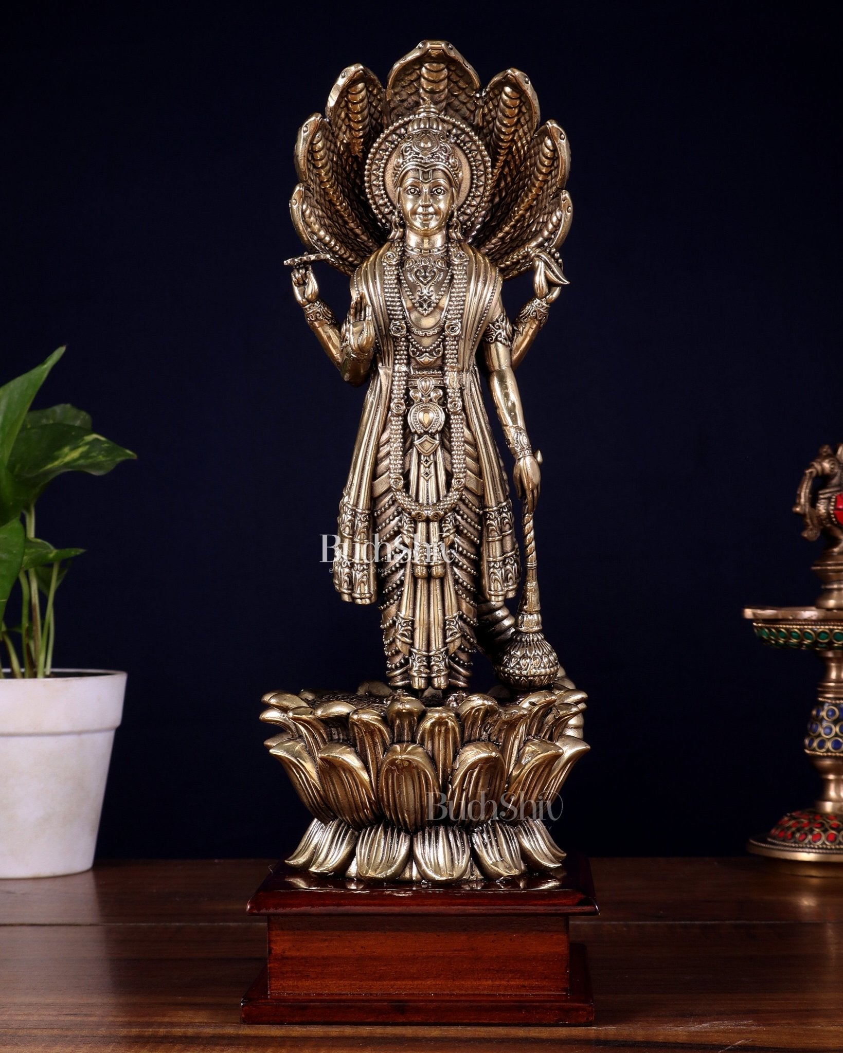 Brass Superfine Lord Vishnu with Sheshanaag on Wooden Base – 12.5 Inch - Budhshiv.com