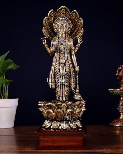 Brass Superfine Lord Vishnu with Sheshanaag on Wooden Base – 12.5 Inch - Budhshiv.com