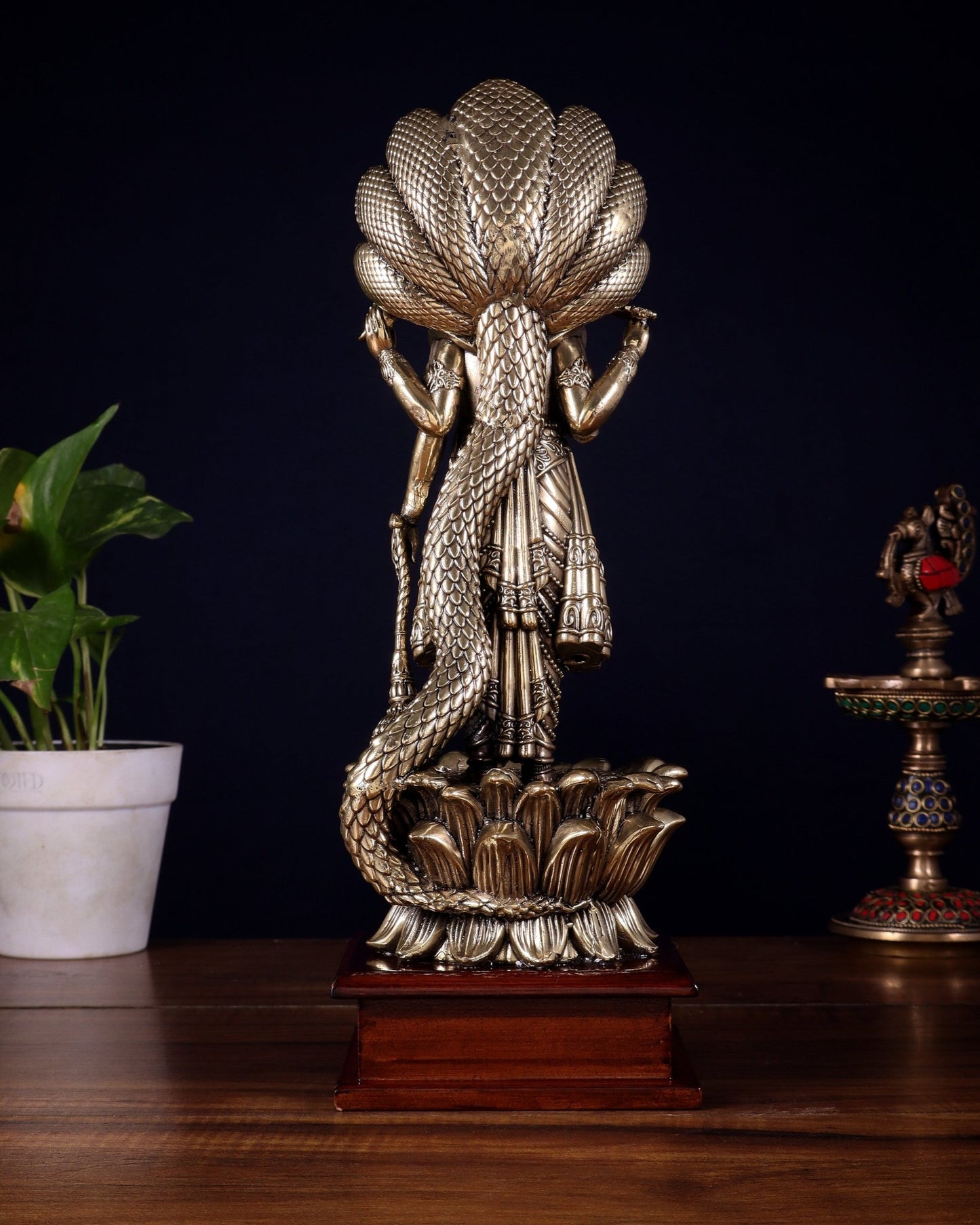 Brass Superfine Lord Vishnu with Sheshanaag on Wooden Base – 12.5 Inch - Budhshiv.com