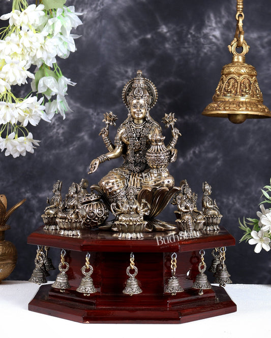 Brass Superfine Mahalakshmi with Ashtalakshmi Idols on Teak Wood Base with Hanging Bells – Divine Prosperity Ensemble (15 Inches) - Budhshiv.com