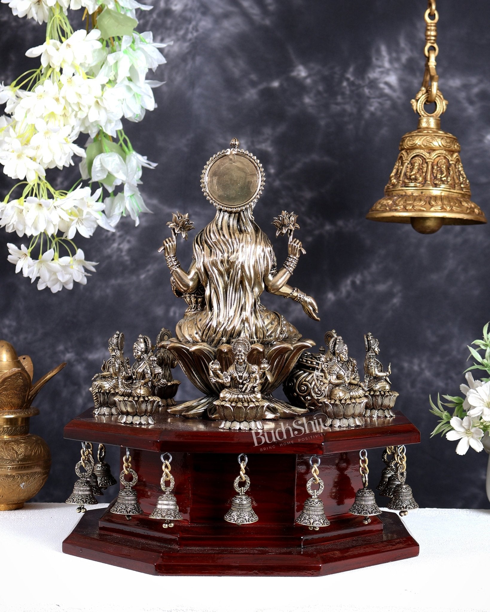 Brass Superfine Mahalakshmi with Ashtalakshmi Idols on Teak Wood Base with Hanging Bells – Divine Prosperity Ensemble (15 Inches) - Budhshiv.com