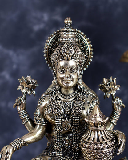 Brass Superfine Mahalakshmi with Ashtalakshmi Idols on Teak Wood Base with Hanging Bells – Divine Prosperity Ensemble (15 Inches) - Budhshiv.com