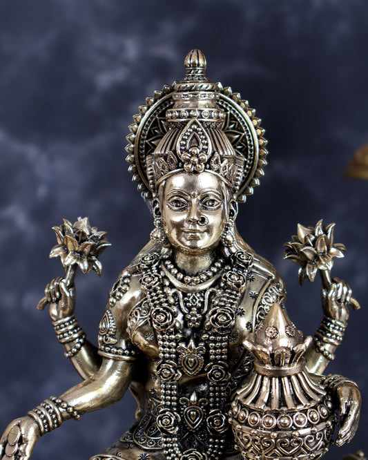 Brass Superfine Mahalakshmi with Ashtalakshmi Idols on Teak Wood Base with Hanging Bells – Divine Prosperity Ensemble (15 Inches) - Budhshiv.com