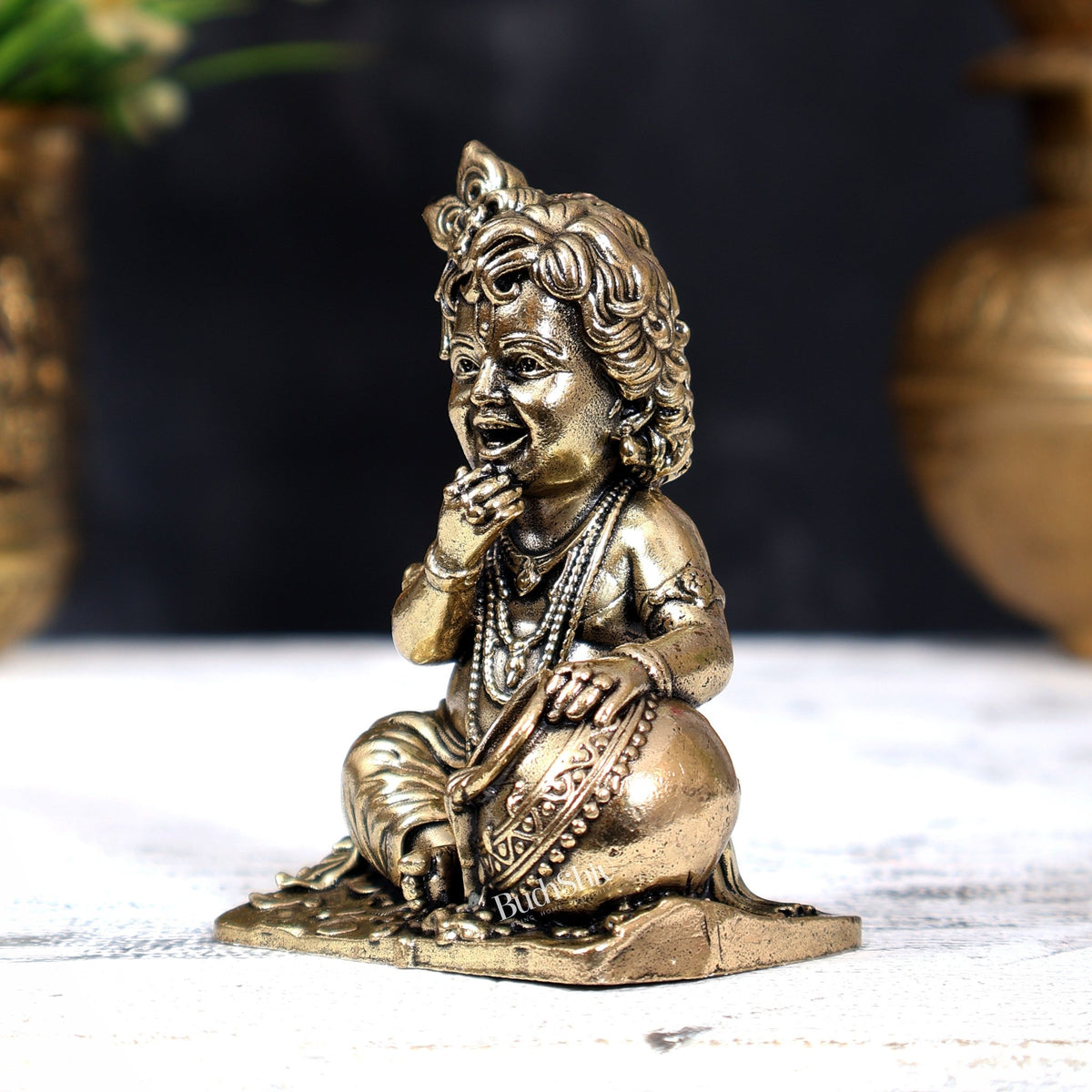 Brass Superfine Makhan Chor Bal Gopal — Baby Krishna Idol 3 inch - Budhshiv.com