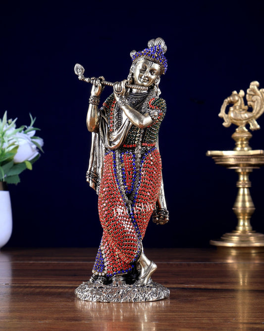 Brass Superfine Mathura Krishna Idol with Jewellery Work – 8 Inch - Budhshiv.com