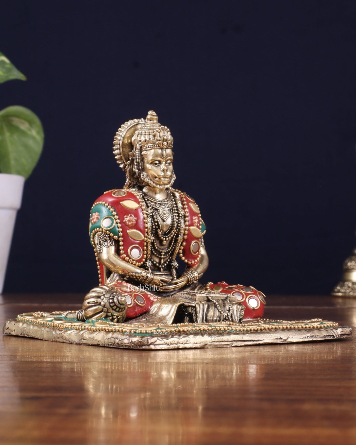 Brass Superfine Meditation Hanuman Idol - meenakari Stonework - 4" Tall - Budhshiv.com