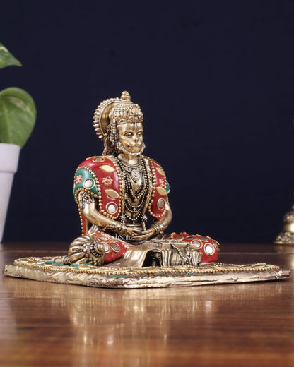 Brass Superfine Meditation Hanuman Idol - meenakari Stonework - 4" Tall - Budhshiv.com