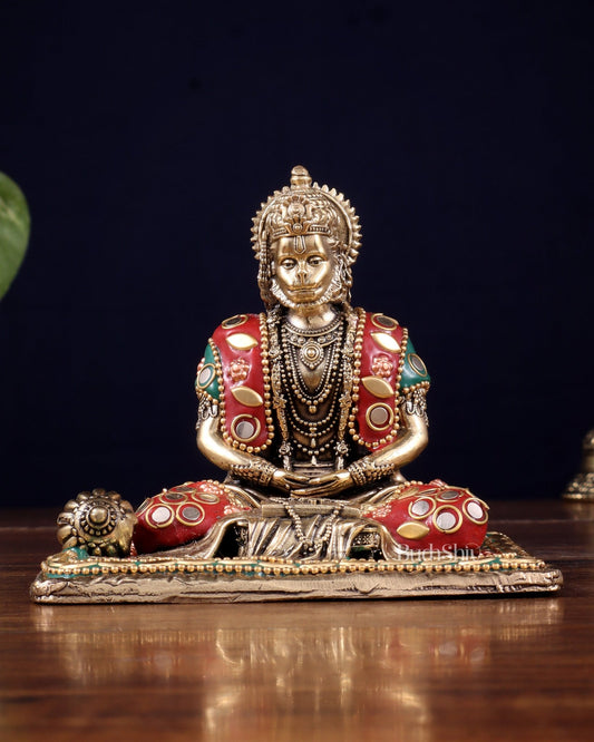 Brass Superfine Meditation Hanuman Idol - meenakari Stonework - 4" Tall - Budhshiv.com