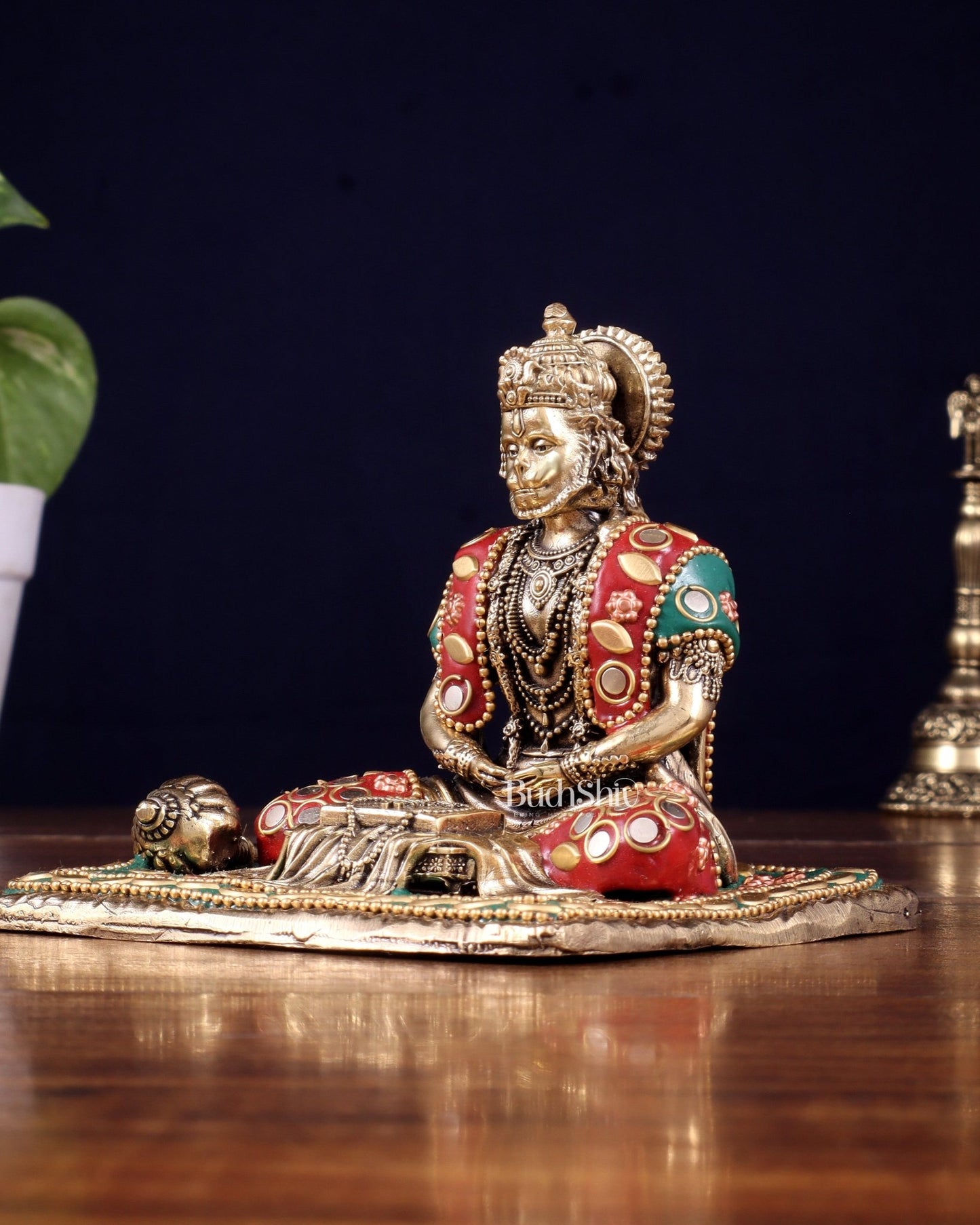 Brass Superfine Meditation Hanuman Idol - meenakari Stonework - 4" Tall - Budhshiv.com