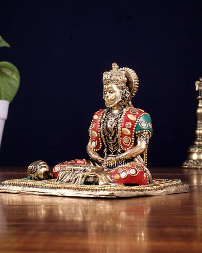 Brass Superfine Meditation Hanuman Idol - meenakari Stonework - 4" Tall - Budhshiv.com