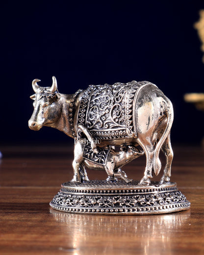 Brass Superfine Miniature Kamdhenu Cow with Calf – Prosperity Idol & Gift Showpiece 2.5 inch - Budhshiv.com