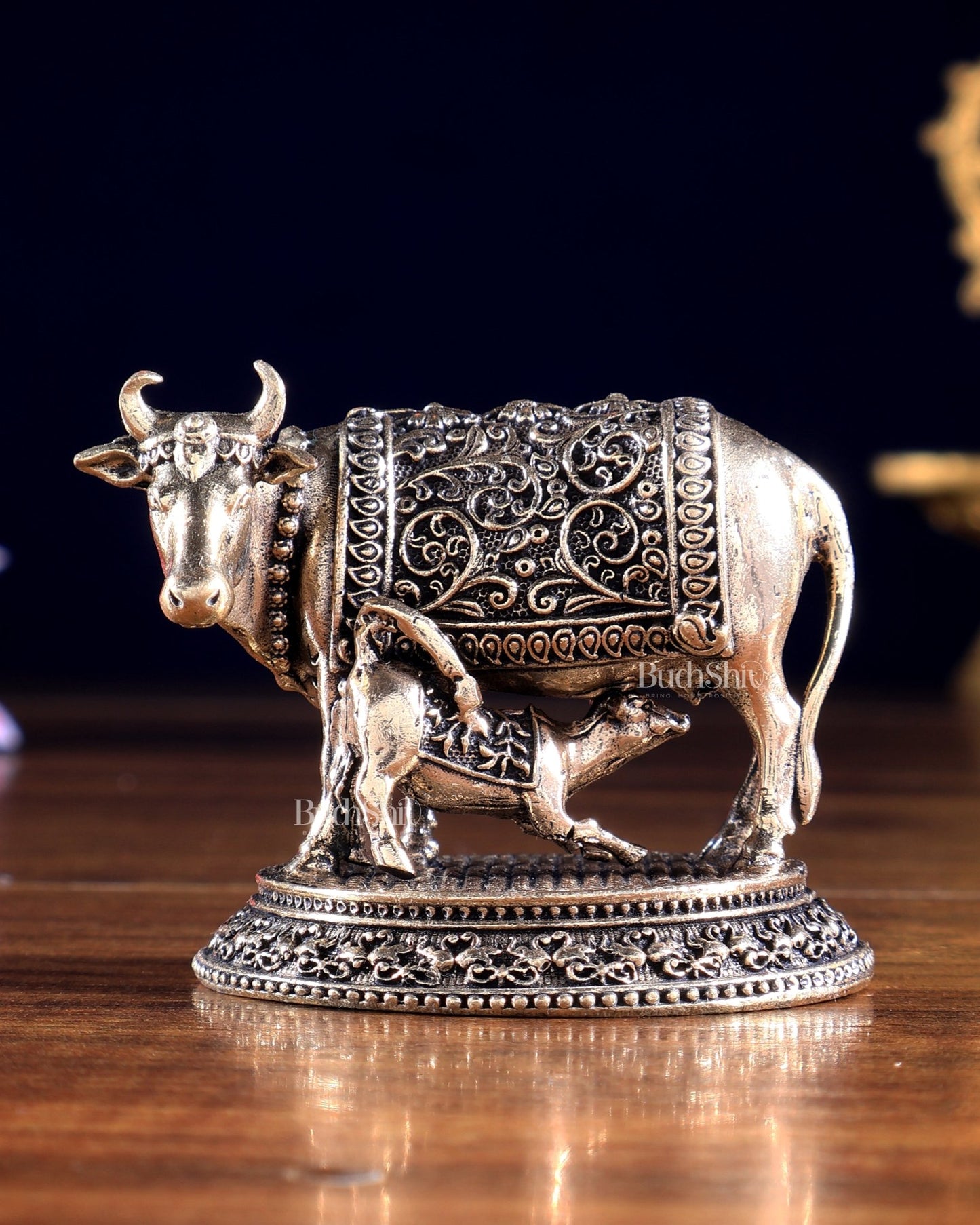 Brass Superfine Miniature Kamdhenu Cow with Calf – Prosperity Idol & Gift Showpiece 2.5 inch - Budhshiv.com