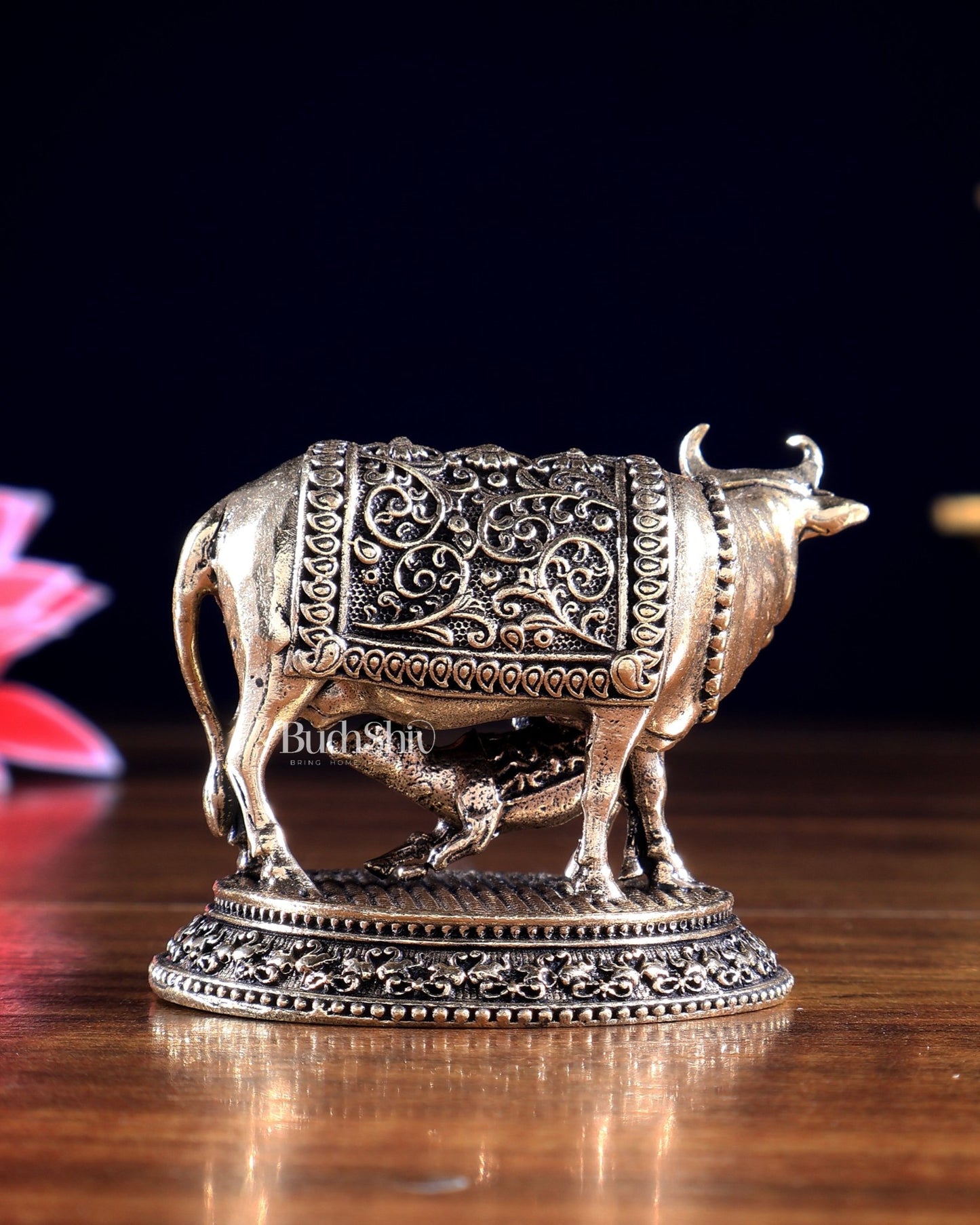 Brass Superfine Miniature Kamdhenu Cow with Calf – Prosperity Idol & Gift Showpiece 2.5 inch - Budhshiv.com
