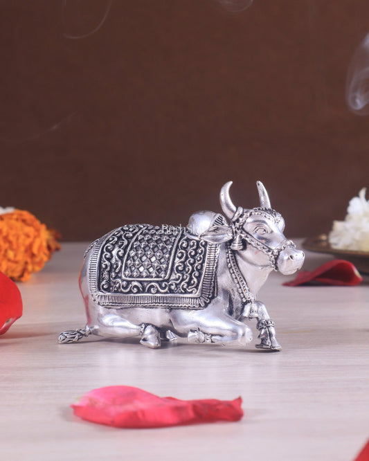 Brass Superfine Miniature Nandi Idol - 4" silver plated - Budhshiv.com