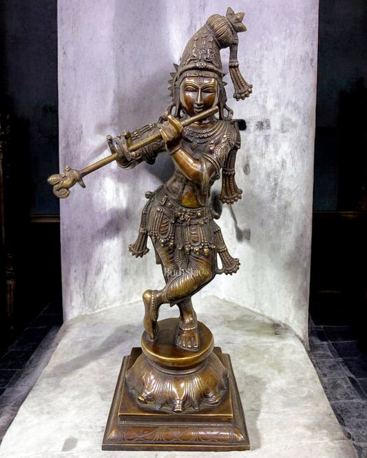 Brass Superfine Mukuta Krishna Sculpture with Unique Crown & Stance - 23.5" - Budhshiv.com