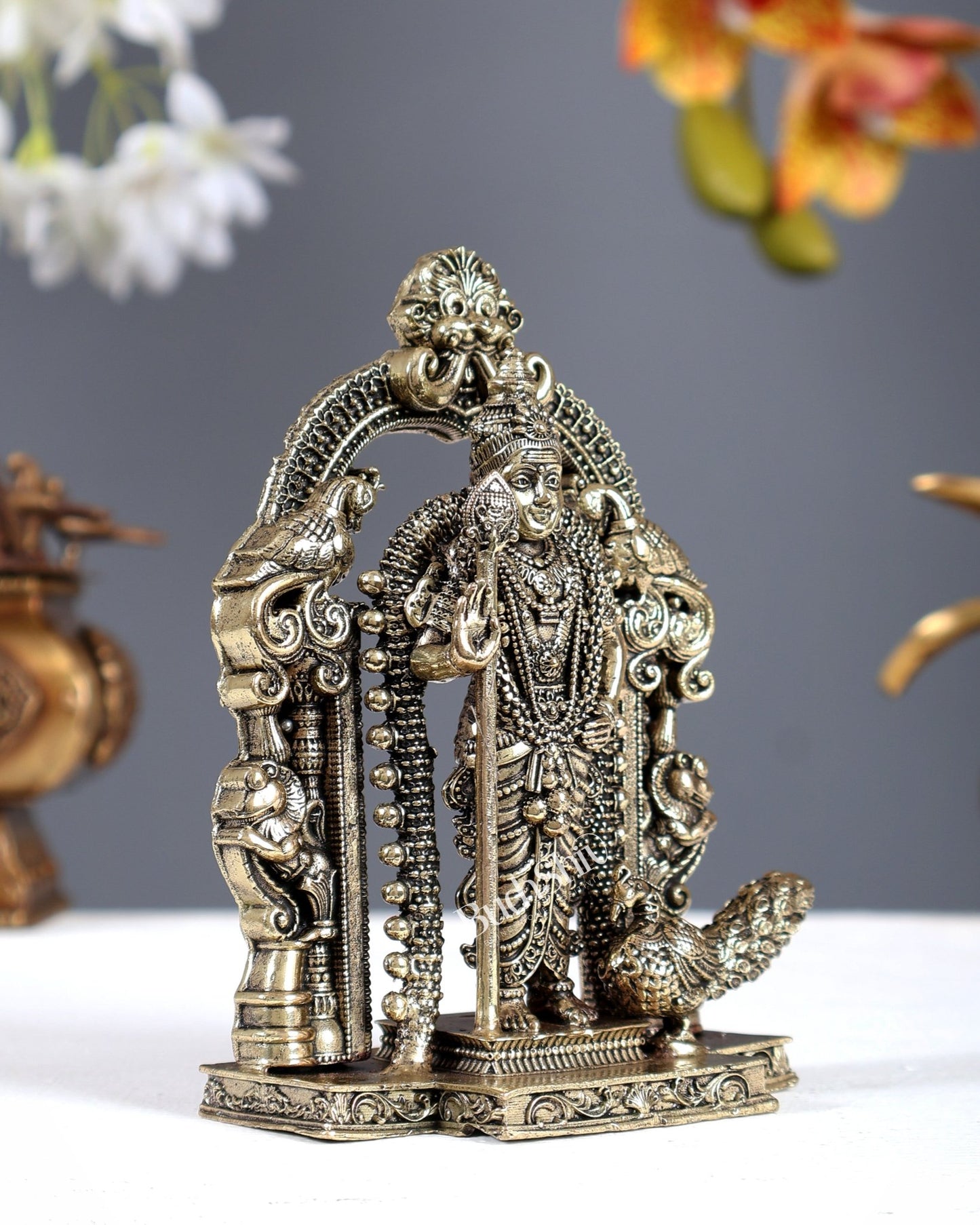 Brass Superfine Murugan Subramanya Swamy Idol with Prabhavali – Intricate Kartikeya Statue (5 Inches) - Budhshiv.com