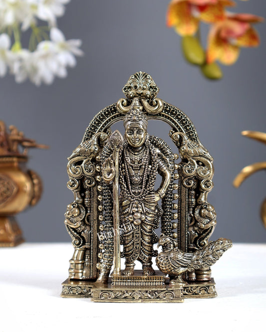 Brass Superfine Murugan Subramanya Swamy Idol with Prabhavali – Intricate Kartikeya Statue (5 Inches) - Budhshiv.com