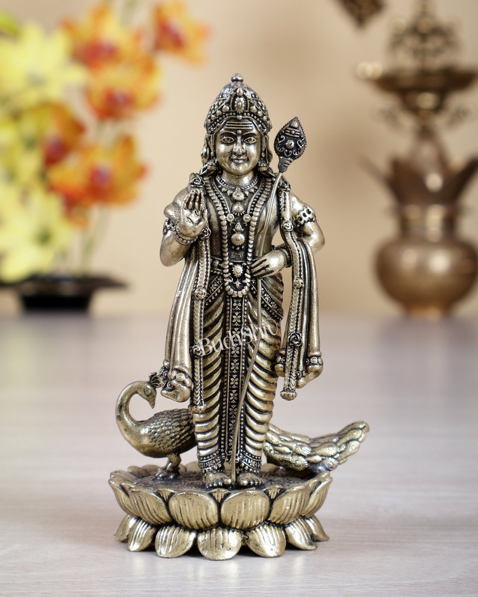 Brass Superfine Murugan Swamy (Kartikeya) Idol on Lotus Base – 4.5 Inch Divine Murti (161 gm) - Budhshiv.com