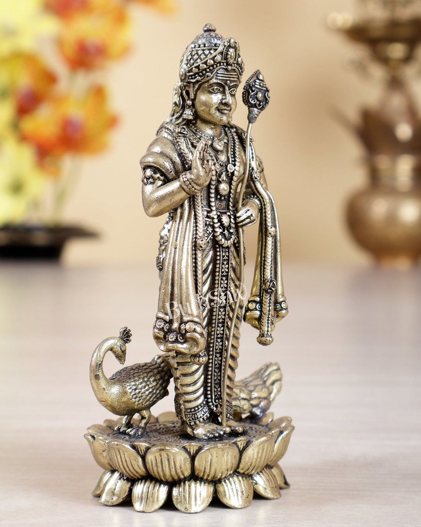 Brass Superfine Murugan Swamy (Kartikeya) Idol on Lotus Base – 4.5 Inch Divine Murti (161 gm) - Budhshiv.com