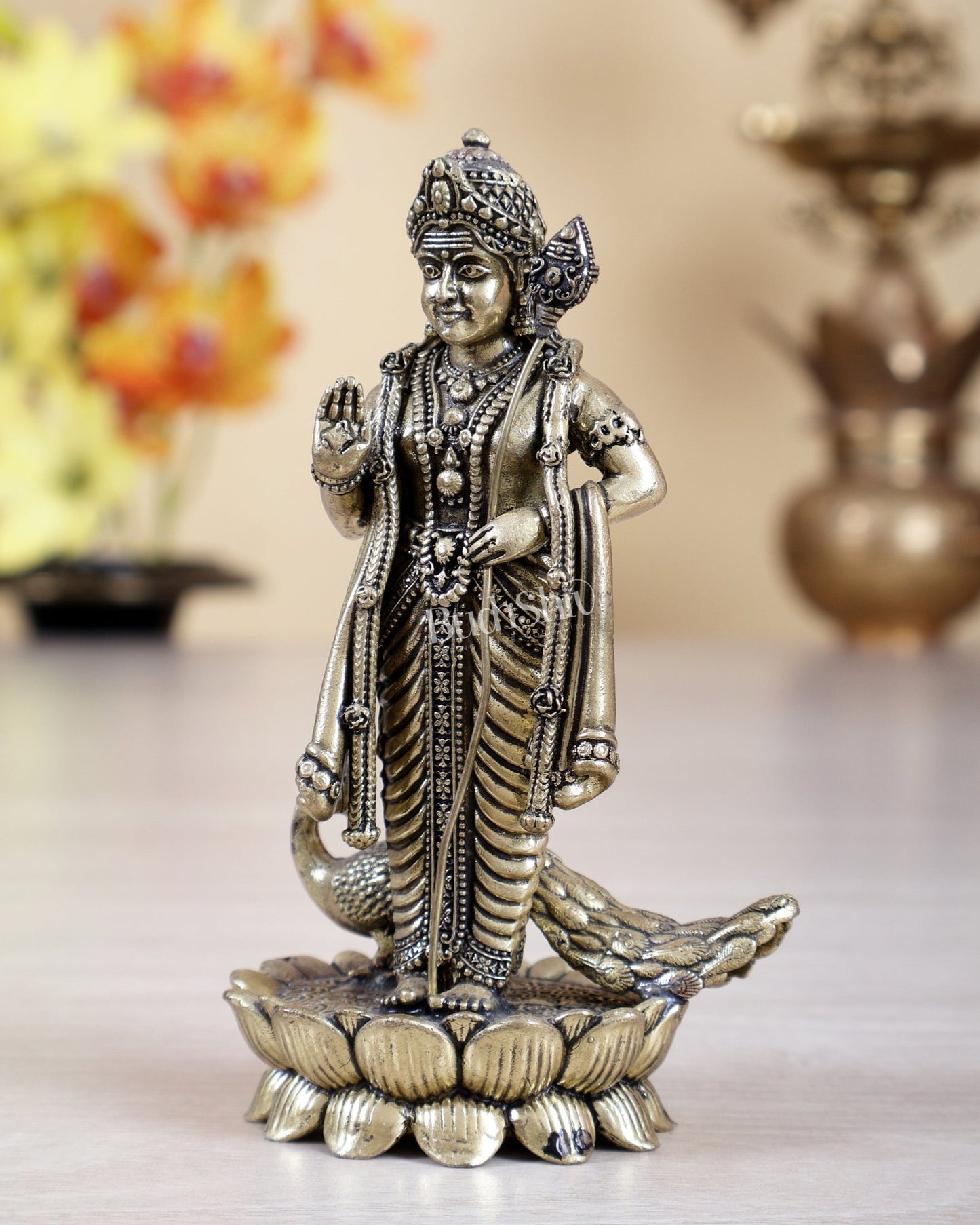 Brass Superfine Murugan Swamy (Kartikeya) Idol on Lotus Base – 4.5 Inch Divine Murti (161 gm) - Budhshiv.com