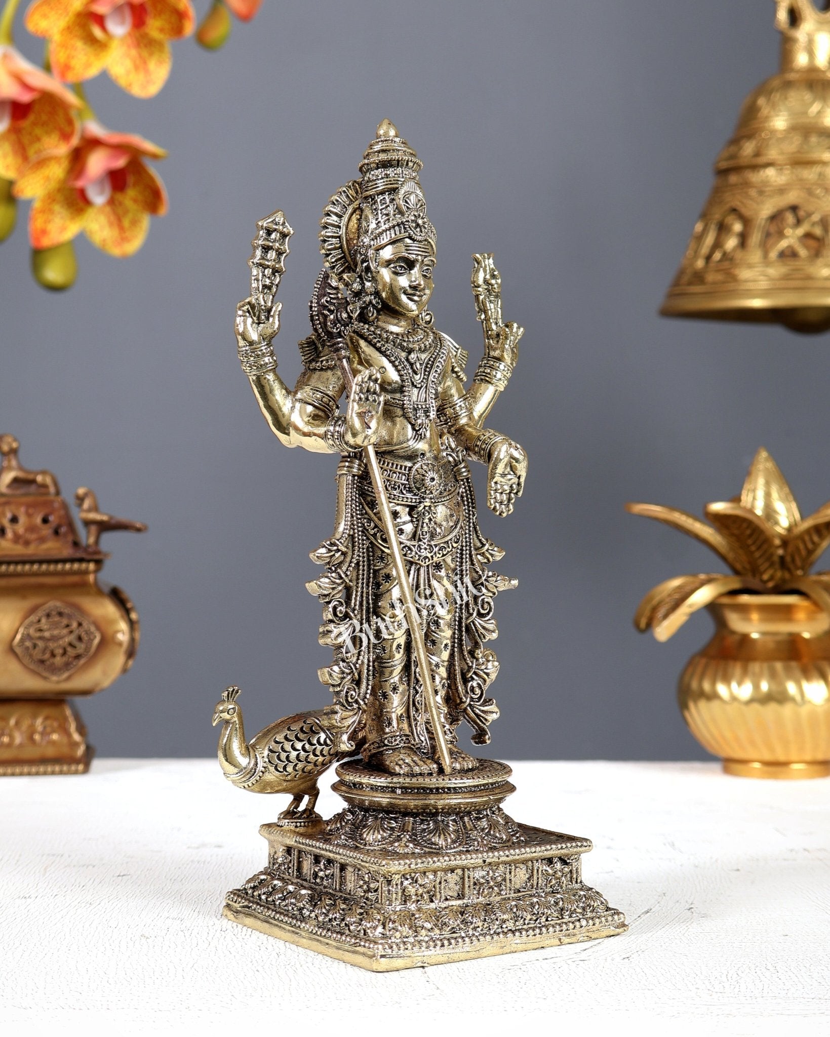 Brass Superfine Murugan Swamy (Subramanya Kartikeya) Idol (8 Inches) - Budhshiv.com