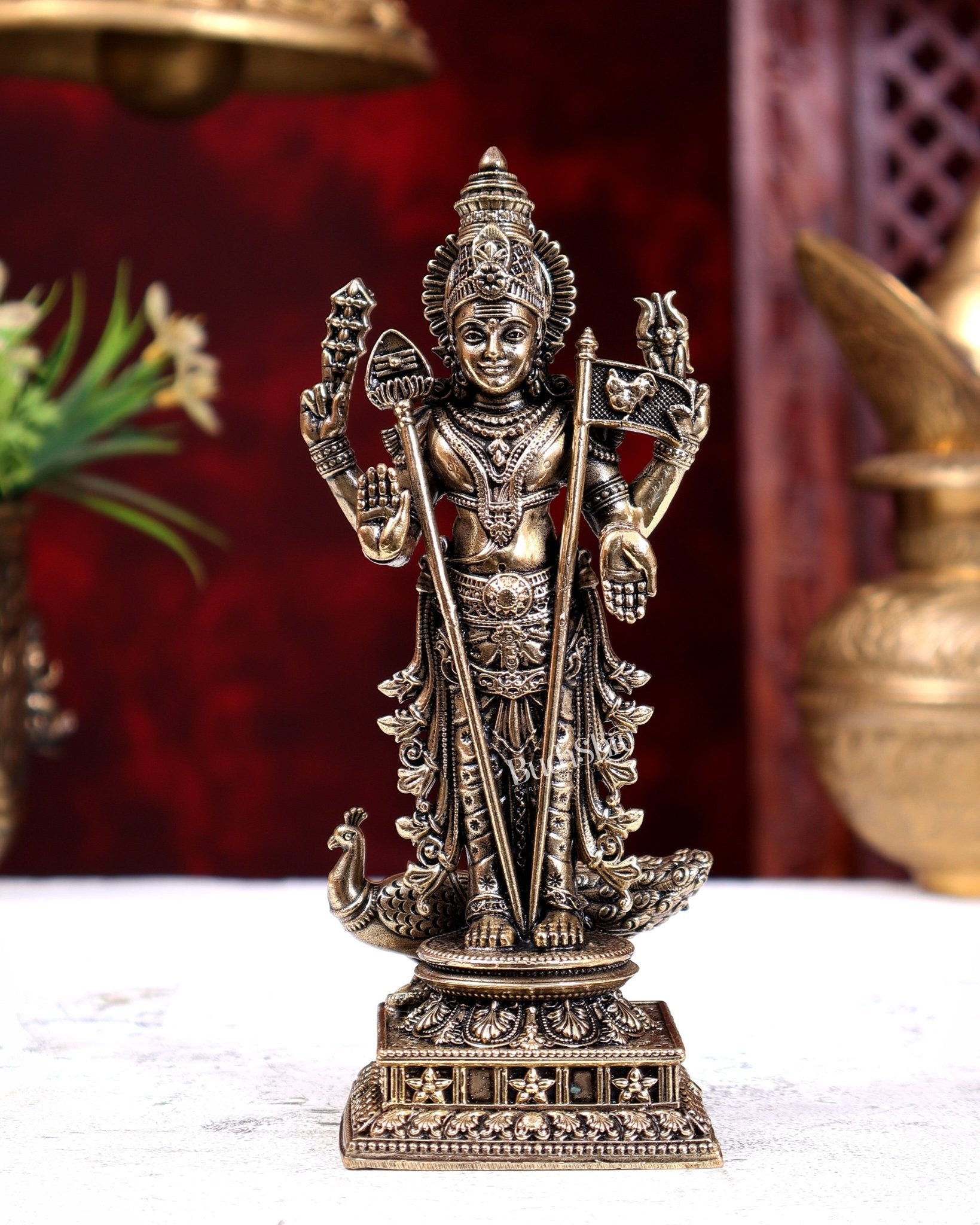 Brass Superfine Murugan with Peacock, Vel & Flag Idol 6 inch - Budhshiv.com
