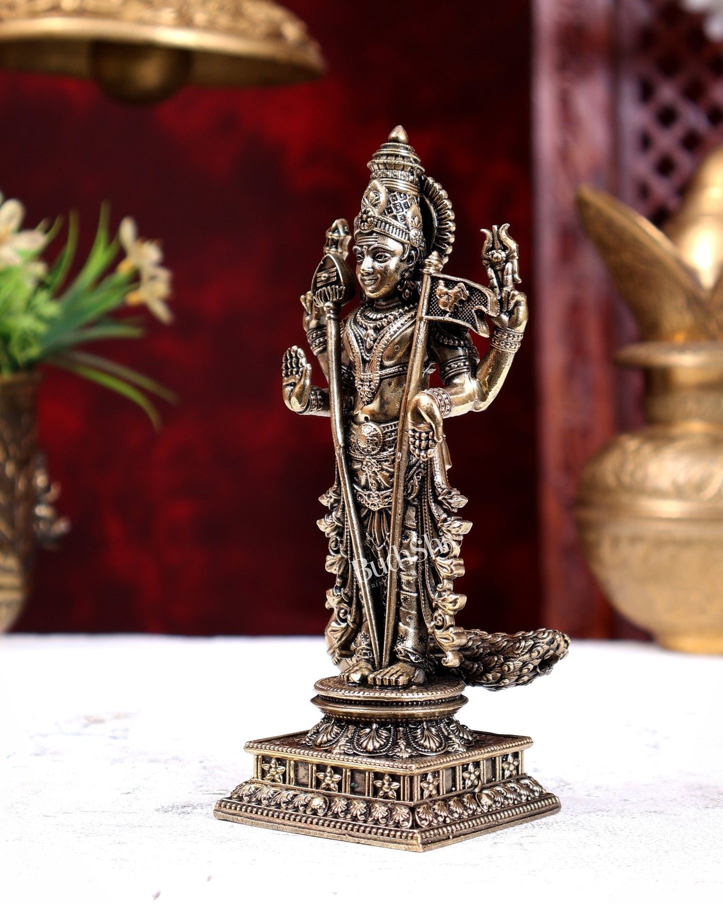 Brass Superfine Murugan with Peacock, Vel & Flag Idol 6 inch - Budhshiv.com
