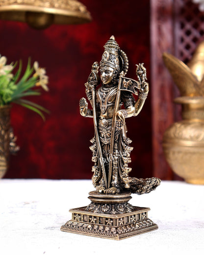 Brass Superfine Murugan with Peacock, Vel & Flag Idol 6 inch - Budhshiv.com