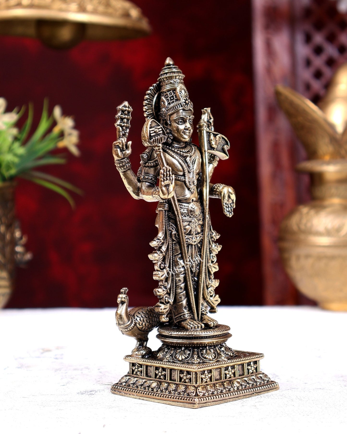 Brass Superfine Murugan with Peacock, Vel & Flag Idol 6 inch - Budhshiv.com